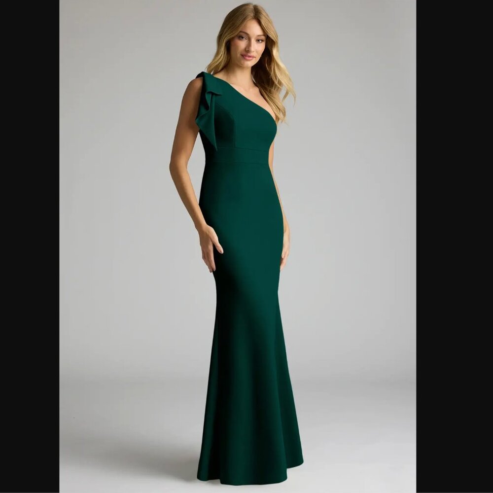 NWT Azazie Rinna Dark Green Pine Mermaid One Shoulder Stretch Crepe Dress, 8